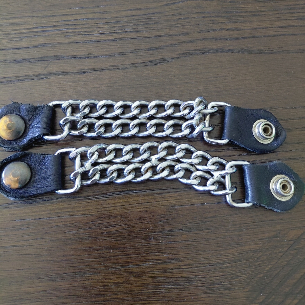 Silver Chain Biker Leather Vest Extenders with Black Leather Ends